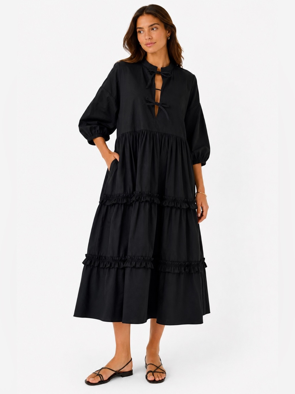 NWT The Lulo Project Bogota Midi Dress Black Tiered Ruffle Tie FrontCotton Large